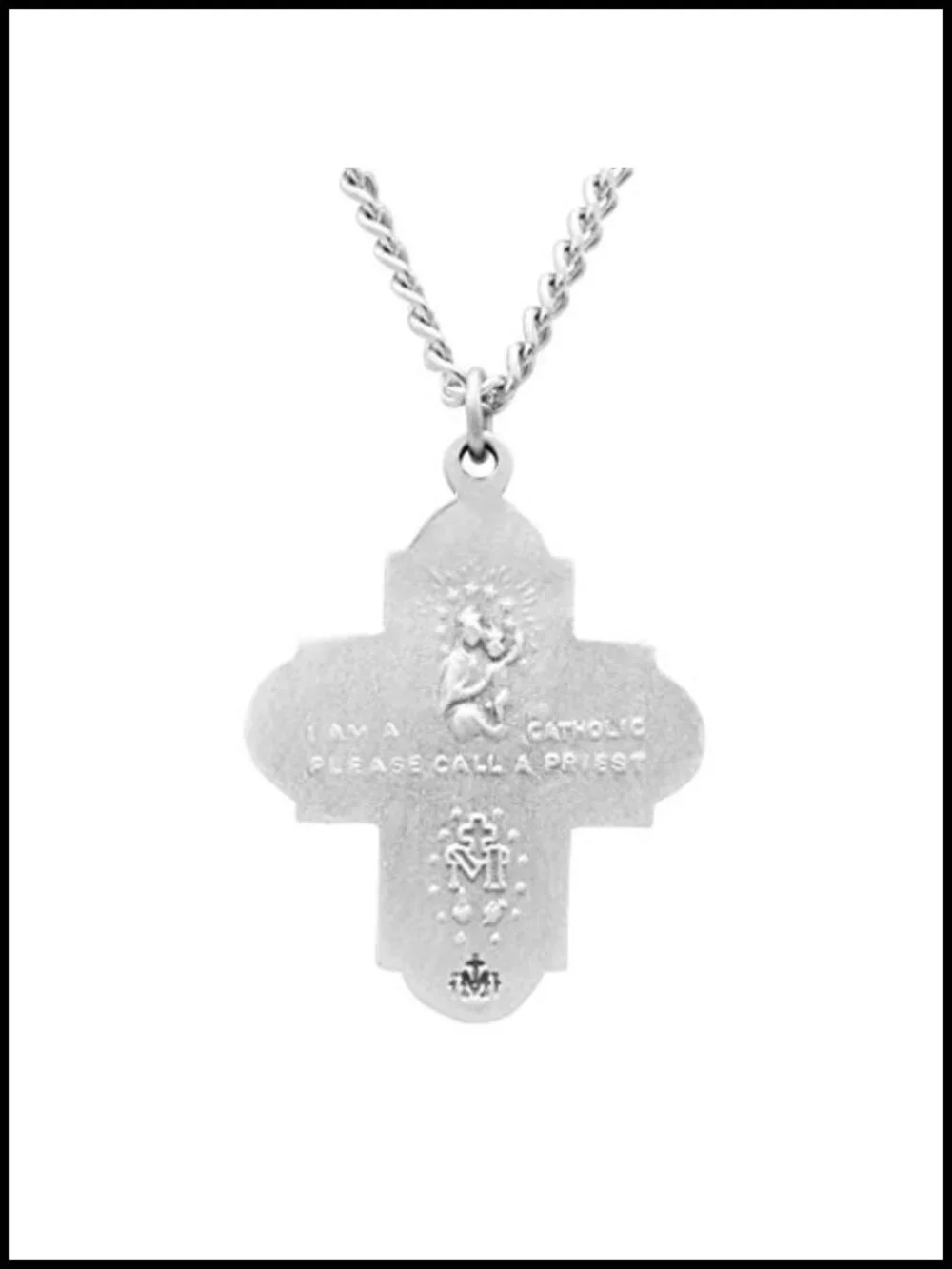Catholic Four Way Cross Medal Pendant Necklace Pewter Stainless Steel 24 Inch
